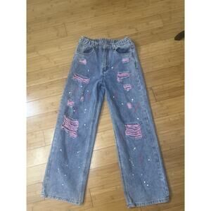 Distressed Paint Splatter Jeans Pink Frayed Denim Women’s XS 16Y Artsy Indie
